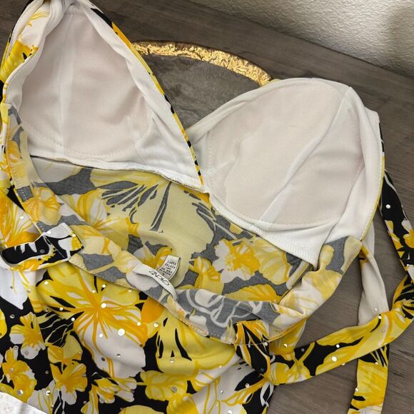 Vintage Y2k Cache Floral Yellow Halter Top Size L Rhinestones Bright Summer - Picture 9 of 10